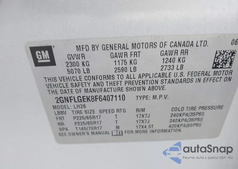 2015 Chevrolet Equinox 2Lt z USA, uszkodzony, nr VIN 2GNFLGEK8F6407110